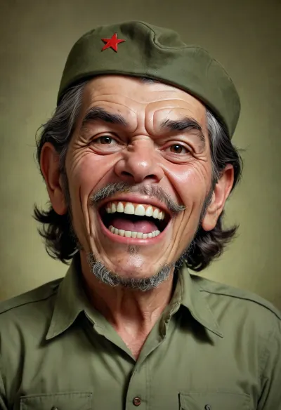 ((Che Guevara)), funny caricature, rebellious elder caricature, elderly male, 98 years old, tattooed skin, gritty teeth, big cartoonish head, exaggerated caricature features, mischievous expression, wearing olive green shirt, vibrant colors