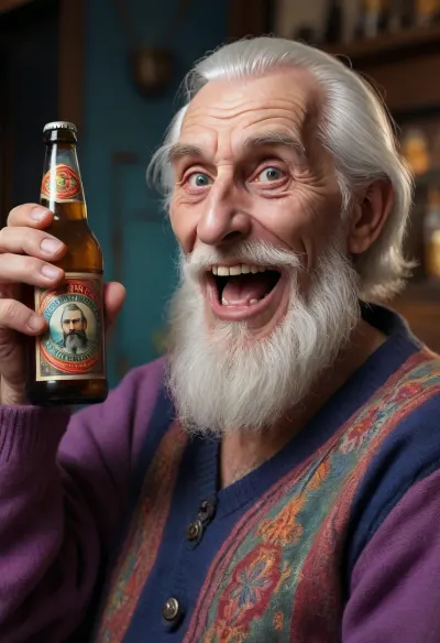 RasPutin, funny caricature, rebellious elder alcoholic caricature, elderly russian male, 80 years old, tattooed skin, white hair, gritty teeth, big cartoonish head, funny, exaggerated caricature features, mischievous expression, pullover, holding bottle of beer, vibrant colors