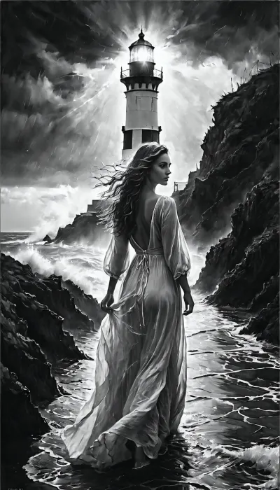 gorgeous woman, 20 year old, (full body), milf face, perfect face, detailed eyes, long wavy hair, ((perfect robe dress)), long natural hair, ((walking toward viewer)), (((black and white photography))), ((an illuminating full lighthouse in distant)), ((stormyu sea)), <lora:add-detail-xl:1>, Black, art, black, pencil, shading, charcoal, drawing, toned, paper, brutal, b/w, color, scheme, <lora:Black and white art.V1:.9>, ((iris eyes)), (detailed eyes), <lora:MJ52:.1>