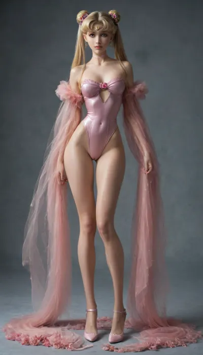 Soft skin, Sailor Moon, shiny skin, detailed beautiful face, long shiny hair, head crest, blonde hair with flowers, (tiny waist:1.5), (oversized thick thighs:1.2), bare medium size rounded breasts, c cup breasts, exposed navel, stomach exposed, (oversized wide hips:1.5), space background, naked body, (long thin legs:1.6), ultra long legs, skinny thin legs, full body shot, corset around neck, flowers in hair, very long ears, very long fingers, space between legs, sailor moon, pink hair in pussy, pink dildo hair, high pips leotard