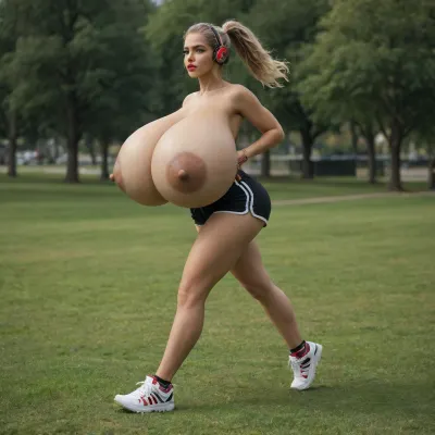 jogger topless, ((gigantic breasts:1.3)), (large dark areolas:1.3), blonde, ponytail, tall and slim, Legs, (bright red lips), makeup, running shorts, sneakers, headphones, park, grass