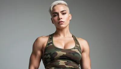 queer non-binary tomboy masculine androgynous girl, very muscular, large biceps, very short shaved hair with undercut, piercings, full-body view, sexy outfit, high contrast, high quality details, armpits, camouflage outfit with long pants and tight tanktop too small for boobs, veins, masculine jaw, dominant, muscular shoulders, white plain background, huge fake boobs, thick straight eyebrows