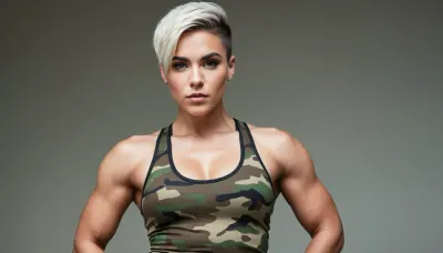 queer non-binary tomboy masculine androgynous girl, very muscular, large biceps, very short shaved hair with undercut, piercings, full-body view, sexy outfit, high contrast, high quality details, armpits, camouflage outfit with long pants and tight tanktop too small for boobs, veins, masculine jaw, dominant, muscular shoulders, white plain background, huge fake boobs, thick straight eyebrows