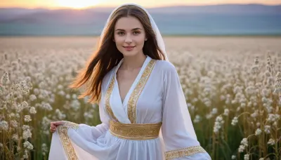 captivating young 5-feet brunette Ukrainian girl, smiling, desirable big breasts and thighs, traditional fine fabric loose-fitting snow-white gold-embroidered extra long Ukrainian blouse and skirt covering knees on completely bare body, a gold-embroidered snow-white scarf over head, barefoot, clear blue sky, lush buckwheat field intensely blooming, sunrise