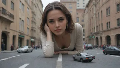 Cinematic POV, 35mm wide angle, golden hour. Giant picks up Tesla, pedestrians run, lora, 344546_training_data, 1.5>, giant, miniature, person, cramped, cybertruck, <lora:loha_giants_shrinks-tokens_see_civitai_page-0.8_weight-by_AI_Characters:1>, <lora:Cybertruck-XL:1>