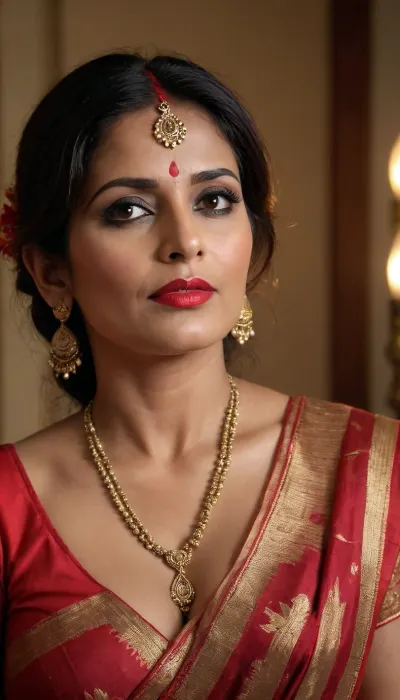 cheating bengali boudi, indian milf in her mid 50's, horny, red lipstick and smoky eyes bold look