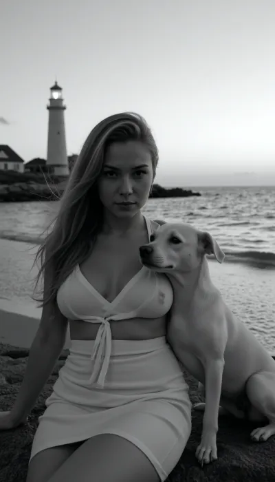 (cinematic black and white photography), (high detail), (photorealistic), (masterpiece), nude, (close-up, looking at the viewer), in black and white, wearing, (white dress), wind in her hair, (perfect face), (delicate facial features), in the background, (his beam is visible), (dynamic composition), (evening light), (magic hour), (subtle warm glow), from the lighthouse, (deep black and white ocean), (wavy black and white water), (rocky black and white coast), (golden hour), (soft, diffused light), (play of colors), (sharp focus), (bokeh), (film grain), (professional photography), 8k, (Kodak Portra 400), (Canon EOS R5)