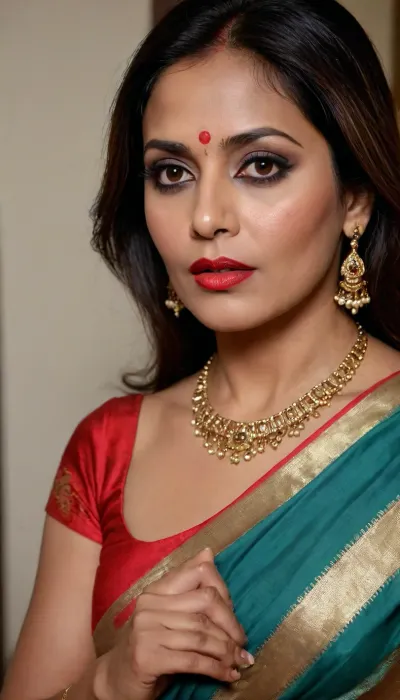 cheating bengali boudi, indian milf in her mid 50's, horny, red lipstick and smoky eyes bold look