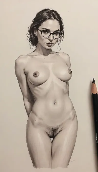 detailed pencil drawing with clean lines and meticulous shading, Naked Gal Gadot, sidelight, glasses with black rim, cross eyes, huge breast, (((pussy piercings))), simple background, erotic, hot, sexy, dynamic masturbate pose, blurry background, 1girl, after sex pussy, front view, тlineart, (((monochrome))), blurry white background, drawing, by, NTY, jsbw, style, v0ng44g, sk3tch, .8>, <lora:JasmineBWXLDoguMini:.7>, <lora:sketch_it:1.4>, <lora:195794_training_data:.9>