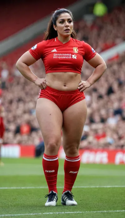 Very gorgeous female Liverpool soccer player, she is a British Pakistani MILF, SBBW, snatched waist, big ass, tight shorts, very big ass, big boobs, bodybuilder, crop top, red kit, anfield, packed stadium, 40 years old, Adidas, standard chartered, full length, solo focus, low cut top, perfect anotomy, gangbang, gang of male Manchester United players