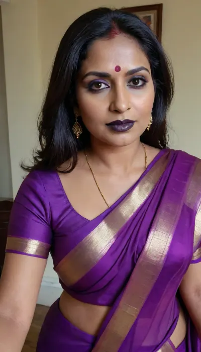 cheating bengali bhabhi, indian milf in her mid 50's, horny, black lipstick and smoky eyes, wearing purple saree, bold look