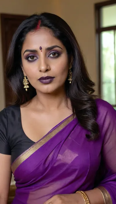 cheating bengali bhabhi, indian milf in her mid 50's, horny, black lipstick and smoky eyes, wearing purple saree, bold look