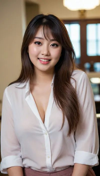 Realistic, candid photo, 1girl, beautiful, (chubby:.3), modest, modesty, giant asian girl, round face, huge bright eyes, sweet smile, full confident vibe, heavy make up, lovely features, top 2 button undone, revealing, long office shirt, very long flowy hair, bangs, busty, perky cleavage, full body view.