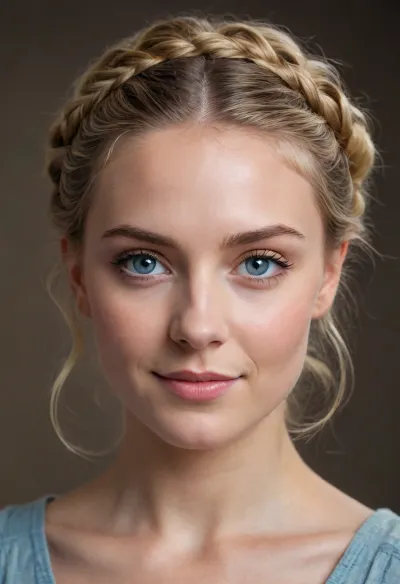 The young woman has a fair complexion with a smooth, youthful face featuring high cheekbones and a gentle, natural smile. Her blue eyes are large and striking, framed by well-defined eyebrows that arch slightly. Her long blonde hair is styled Messy low bun with face-framing curls and a silk ribbon tied around it.. The hair is a warm blonde shade with subtle highlights, giving it a sun-kissed appearance, and the braids are secured with small, unobtrusive hair ties. A few fine strands of hair frame her face, adding a soft, effortless look.