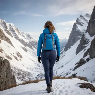 A 24yo woman, dynamic pose, low angle view, rear view, you can see the back of the ass, close-up view, climbing a mountain, proud of herself after a challenging rock climbing in snowy mountains, evening, (German:.7), (Georgian:.3), messy shaggy bob haircut, brunette hair, dark blue symetrical eyes, perfect teeth, dressed, round ass, tight leggings, blue winter hiking clothes, heavy natural boobs, trekking back pack on the back, cloudy sky but in the background the top of the mountains is sunny, light emphasis on the ass, analog style, realistic, soft focus, highest quality