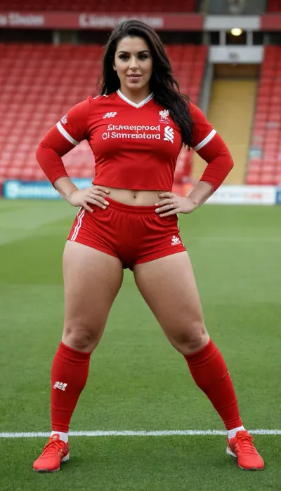Very gorgeous female Liverpool soccer player, she is a British Pakistani MILF, SBBW, snatched waist, big ass, tight shorts, very big ass, big boobs, bodybuilder, crop top, red kit, anfield, packed stadium, 40 years old, Adidas, standard chartered, full length, solo focus, low cut top, perfect anotomy, sexy celebration pose, footwear, perfect hands, perfect fingers, super thick legs, Liverpool logo, naval jewelry, tongue stud, tongue stuck out, navel exposed