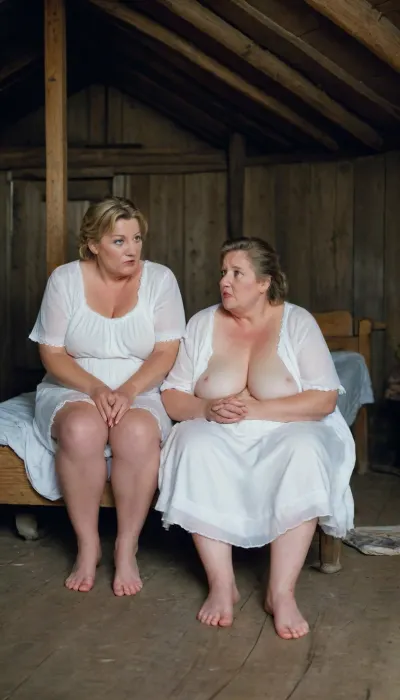 two fat women were left homeless. A 65-year-old fat woman is sitting on a bed in an old hut with her legs wide apart, and a 50-year-old woman is lying on the legs of an older friend. They're wearing white nightgowns. petticoat