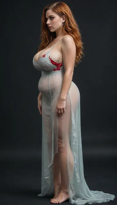 2K, Wendy Fiore, (((side view:1.8))), ((hot goth country girl)), (((soft lower belly))), (((Black background))), beautiful face, (((natural huge breasts))), ginger, redhead, bangs, wide hips, tan skin, horny expression, full lips, long length hair, bright green eyes, freckles, sexy, tight tiny waist, flared hips, cute freckles, freckled face, freckled chest, freckled shoulders, delicious and seductive and sexy feminine, seductive crazed lustful look in her eyes, very long curly ginger red hair, black eyeliner, shy, blushing, sweaty, thick, (fit ass), hourglass figure, fit and curvy, slutty tan lines, Angel face, ((((((Bright Red semi-transparent scholastic Dress))))))