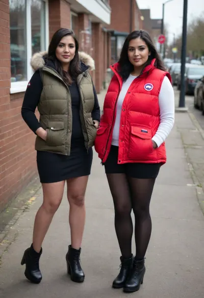 ((2 girls)), Two Pakistani MILFs, ((sbbw, snatched waist, big booty)), ((Pakistani clothing, Canada goose gillet, heels)), UK school run, (1hibaji, 1slutty)