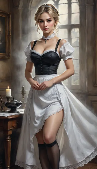 Nightly, (((manga, drawing, watercolor, ink, comics))), manga style, anime style, hentai style, 1900s, Sexy nice pretty beautiful thin woman, 30 year old, blond, perfect finger, sexy countess, in english manor, making love, perfect proportion, hairy pussy, lying, show pussy, in love, show tits, hand on nipple or pussy, (candlesticks), show nipples, nipples above dress, stockings, victorian, maid, <lora:xl_victorian_maid_dress-1.0:.5>, raw, eyes, perfecteyes, theme, epiCNegative, Black, and, white, art, black, pencil, shading, charcoal, drawing, toned, paper, brutal, dark, b/w, color, scheme, blush, breasts, monochrome, greyscale, large, eyebrows, visible, through, hair, bangs, solo, focus, masterpiece, best, quality, very, aesthetic, absurdres, <lora:Black and white art.V1:2>, <lora:Khyle_XL:2>, <lora:CALM WHITE-NAI:2>, <lora:WildcardX-XL-Detail-Enhancer:.8>