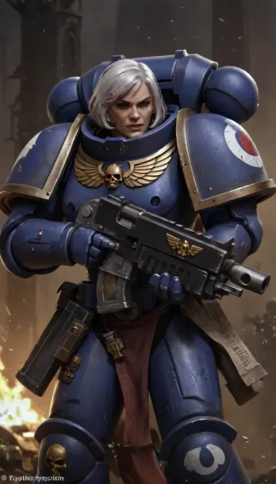 1girl, warhammer 40k, space marine, adepta sororitas, beautiful face, highly detailed face, cowboy shot, 1 female, 45 years old, white hair, picsi bob haircut, petite, medium breasts, wide hips, round medium butt, tummy., boltgun, The girl is wearing heavy space marine combat armor and holding a bolter., Knight, armor, holding, bolter, power, sword, primaris, helmet, <lora:boltgunXLLoRAv1:2>, <lora:Sisters-of-Battle-subset-000004:2>, <lora:primaris_marine-knight_armor-000007:2>