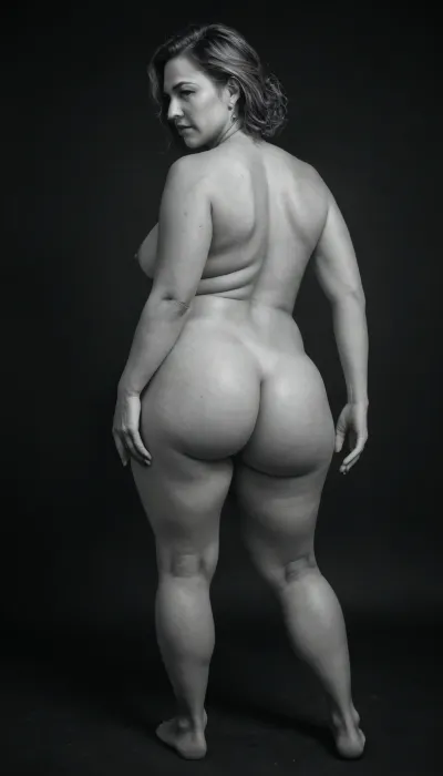 Masterpiece, (monochrome), black and white professional artistic HD photography, award winning photography, full body view, (dark background, extremely dim light:1.4), (only her forms are revealed by very fine lines of light:1.6), 50 year-old chubby mature woman silhouette, wide hips, natural flat empty breasts, small torpedo breasts, (belly folds, bulges:1.2), sexy poses, aged nude body, unkempt hairy pussy, slightly thick legs, slightly wavy layered dark brown hair, (obese:1.1), (she adopts provocative poses during a porn photo session:1.4), hanging ass, monochrome, realistic, 4k, high quality, art, (maximum quality, ultra-detailed, insanely detailed, highly detailed, high quality, uncompressed, raw source photograph), (highly detailed wrinkled skin, detailed mature skin texture, highly detailed light grey messy hair), curvaceous milf, folds under buttocks and breasts, cellulite, bulges, plump, skindentation, chubby, bbw, venus, body, big, breasts, ass, zavy-ldprtrt, old, woman, man, <lora:481999_training_data:1.5>, <lora:Chubby BBW - XL:1.4>, <lora:zavy-ldprtrt-sdxl:1.3>