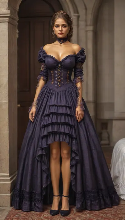 3/4 view, (young pretty woman:1.6), 18 y.o., updo hair, brown eyes, (golden skin:1.6), petite, slim, dark areola, ((tight big breasts)), bushy pubic hair, innocent, shy, submissive, posing like a pornstar, (victorian dress:1.6), heels, (18th century bedroom:1.6), <lora:681678_training_data:.8>