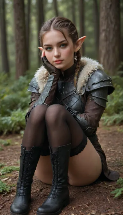((HD photorealistic)), full armo., Ridiculously cute 25 year old female elf., pointed ears., (heavy leather armor with thick fur trim), ., (leather gauntlets), (laced thigh high leather stockings and boots), (black and green warpaint covering forehead and eyes), Short hair, light brown hair with dark green highlights, pixie cut, shaved sides, braided., dark green eyes, dark eyeliner, smokey eyes., cute small nose, thick freckles on her nose., perfect lips., tanned skin., medium round breasts., skinny, thin, athletic build., short in stature., ((sitting and resting in the forest, knees up to her chest, resting her head on her hand)), close up face., <lora:PerfectEyesXL:2>, <lora:Braided_Sides_V1:2>, <lora:580159_training_data:2>, <lora:454069_training_data:2>, <lora:HGHD_FEMALE_ELF_STYLE-000009:2>