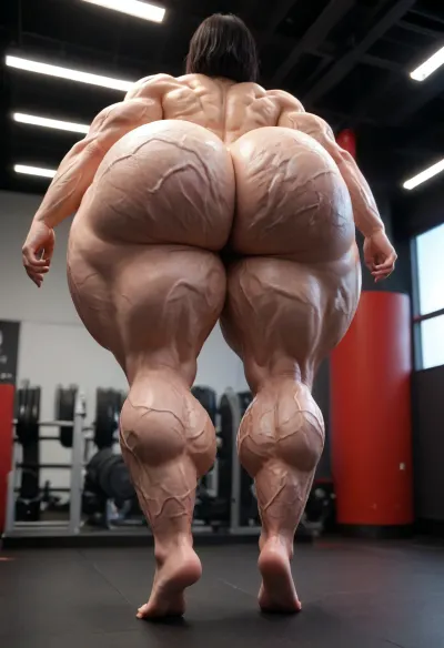 one naked person facing the viewer ：, ((full body, black hair, a tall naked giant female bodybuilder girl growing giant muscle in the gym, bulging veins, giant muscles bigger than body, very thin waist, gigantic thighs, thighs wider than body ，extremely veiny muscles, giant legs, be covered with veins, long legs, naked, muscular veiny calves, giant muscular legs, legs thicker than waist, veiny thighs, veiny breast, giant veins, thick veins, thighs bigger than body, pinkishskin, extremely muscular, muscular butt, extremely giant thighs))