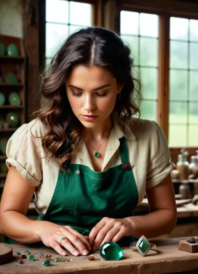 (jewelry workshop:1.3), a female jeweler in her workshop creating a ring, painstaking work, (focused gaze downward:1.2), (thick hair:1.1), (natural light from a large window:1.3), (stained glass window:1.2), light falls on face and shoulders, (hint of sweat, small drops of water on skin:1.1), (brown work apron on bare body:1.1), wooden table, jewelry tools, (emerald gemstone:1.4), (silver ring at work:1.3), (dust and chips on table:1.1), soft shadows, (richly detailed:1.1), realistic, photorealistic, cinematic light, (depth of field:1.1), (high resolution:1.2), (macro focus:1.1), (exquisite facial details:1.1), artwork, ring, workshop, (vintage look:.9), warm tones, artistic.