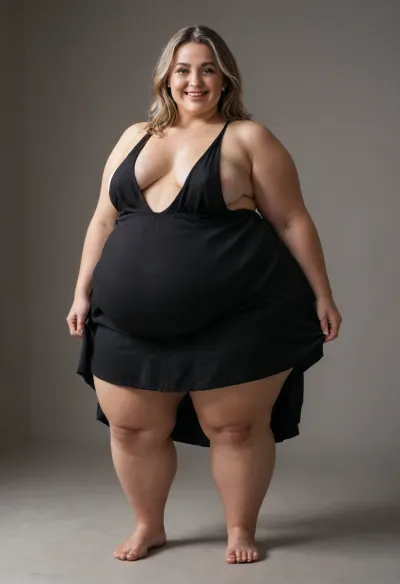 3/4th side view, DSLR RAW full body photo, (obese:2), (sharp focus:1.2), attractive 60 year old woman, narrow waist, wide hips, (chubby face:1.2), detailed eyes, (captivating sexy eyes:1.5), (mature:1.4), fair skin, (thick sexy eyebrows), (eyeshadow:1.25), (big lips:.95), (big smile:1.25), body freckles, (small sagging breasts:1.3), (chubby body:1.05), (light brunette hair with highlights:1.25), wearing, (black sundress with a plunging neckline:1.2), (soft lighting), depth of field, 4K, HDR., ((high quality, 4k, realistic, high detailed, insanely detailed, real, best quality, ultra-detailed, fine detail, professional photography, highres, 8k wallpaper, cinematic lighting, masterpiece, heavily upvoted)), ((masterpiece)), high detail, complex details, OverallDetail, perfect lighting, professional realistic photo, braless, Wearing, clothes, that, make, sense, with, Braless>, <lora:bralessSDXL_v1_00022:.9>