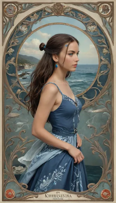 Art Nouveau style, water bender from avatar airbender, Looks like a blue queen of the ocean, ((Art Nouveau ornament of dolphins, whales)), (((Sea themes))), (((katara hair with blue eyes))), (((fins and spray))), novuschroma, style, Ivan, Bilibin, Style, page, intricate revealing tribal dress, small breasts, beautiful, tan, <lora:124_novuschromaSXL_a4:.8>, <lora:Ivan Bilibin Style:.8>, <lora:698348_training_data:1>, <lora:nobrav1_SDXL:.6>
