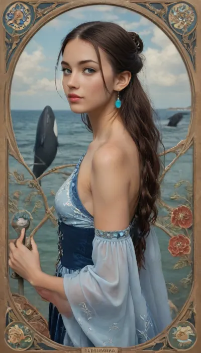 Art Nouveau style, water bender from avatar airbender, Looks like a blue queen of the ocean, ((Art Nouveau ornament of dolphins, whales)), (((Sea themes))), (((katara hair with blue eyes))), (((fins and spray))), novuschroma, style, Ivan, Bilibin, Style, page, intricate revealing tribal dress, small breasts, beautiful, tan, <lora:124_novuschromaSXL_a4:.8>, <lora:Ivan Bilibin Style:.8>, <lora:698348_training_data:1>, <lora:nobrav1_SDXL:.6>, looking toward viewer