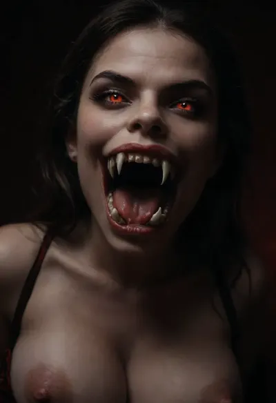 ((ultimate realistic photo)), ((25 yo vampire girl with red eyes)), (huge round tits:1.7), (full red lips), ((large breasts)), very pale textured skin, ((her mouth slightly open showing her fangs)), (((2 long sharp fangs))), (((very long vampire fangs:1.4))), in the woods at night goddess, gracious, sexy, fierce, forceful, lascivious, fascinating, desirable, intoxicating, scary, eerie, ((evil smile showing fangs)), UHD 8K, cinematic masterpiece, maximum quality, maximum details, realism, score 9, score 8 up, score 7 up, (((2 long vampire fangs:1.8))), <lora:Mistress_of_the_night-000016:2>, <lora:dark:1>, <lora:738835_training_data:2>, <lora:EnvyZoomSliderXL01:.1>