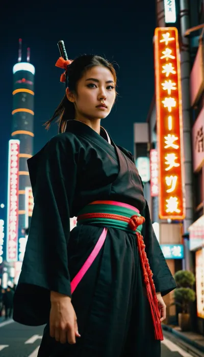 Photography, (photographic), cinematic photography {hint}. 35mm photography, film, bokeh, professional, 4k, highly detailed, cinematic, shallow depth of field, film grain, high budget, epic, sullen girl, ninja, in, (traditional clothing:1.1), with an intense gaze, flexible in a jump, with ninja weapons in the city of Tokyo with high-rise buildings and lots of neon signs.