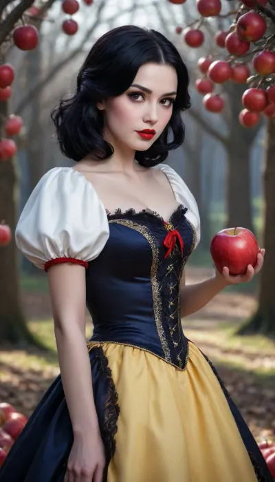 very beautiful Snow White, shoulder-length black hair, dark makeup, smirk, offers an apple, Gothic style, art, fantasy, drawing in the style of realistic anime, dark, Gothic
