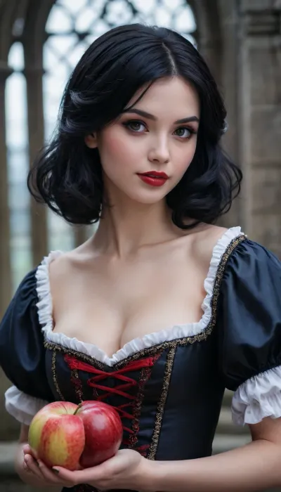very beautiful Snow White, shoulder-length black hair, dark makeup, smirk, offers an apple, Gothic style, art, fantasy, drawing in the style of realistic anime, dark, Gothic