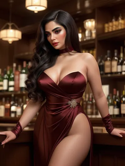 Ultra-photorealistic 8K cinematic portrait of an elegant Persian curvy woman with glowing fair wheatish skin, perfectly oval face, subtle high cheekbones, and expressive almond-shaped deep brown eyes framed by natural eyebrows and long delicate lashes. Her long, silky, wavy black hair falls gracefully over one shoulder, softly illuminated by warm front-right key light. Outfit & Styling, black satin bodice long gown with a
dramatic side slit, paired with satin elbow-length gloves. She holds a red wine glass delicately in one hand. Seductive, confident facial expression, capturing allure and sophistication.
Background & Setting, retro bar interior with softly blurred background, bar counter, dim ambient lighting, cinematic bokeh, warm moody tones emphasizing glamour and elegance.
Pose & Mood, standing or leaning subtly on bar COunter, body angled for cinematic composition, legs visible through gown slit, poised, commanding
attention. Ultra-realistic textures on satin fabric, skin, hair, and reflective surfaces like wine glass and bar elements.
Lighting & Cinematic Notes, soft warm key light on
face and hair, subtle fill light to highlight gown and gloves, shallow depth of field for blurred retro bar background, elegant editorial fashion mood, cinematic storytelling.