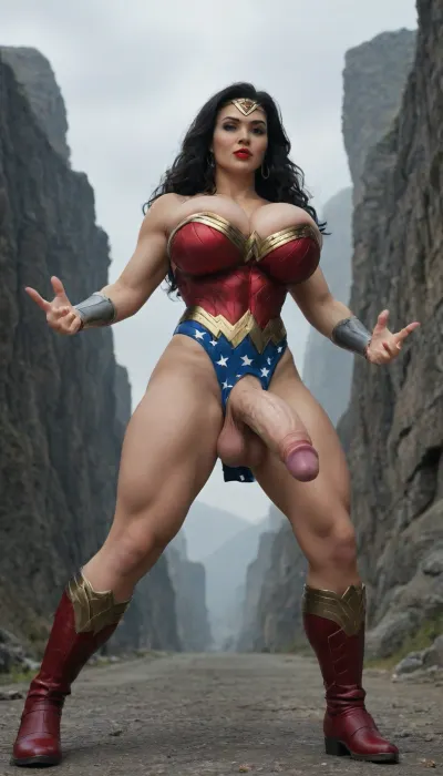 (futanari woman), (wonder woman), (standing strong on the very top of Mount Olympus), (mountain top), (glowing lasso), (wide stance), (huge breasts), (very attractive), (wonder woman boots), (pretty face), (sexy), (muscular legs), (red lipstick), (perfect makeup), (huge round breasts), (large penis), (very long straight black hair), (huge cleavage:1.2), (full body), (dynamic pose), (low view:1.3)