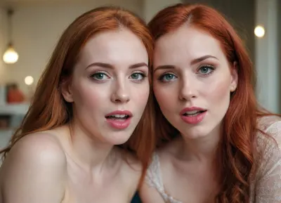 photo of three completely different women cheek on cheek, one with red hair, one with brunette hair and one with blonde hair. they are wearing soft makeup, tongue out, licking. looking at viewer. the background is blurry indoor.