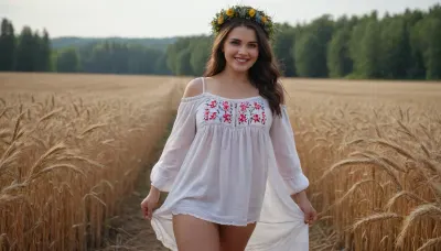 captivating young dark-brunette well-built Ukrainian girl, smiling, desirable plus-size breasts and thighs, fine fabric loose-fitting embroidered extra long Ukrainian blouse covering knees on completely bare body, barefoot, a wheat spikes wreath on