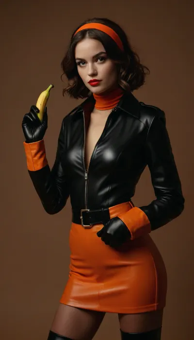 70s style, The image depicts a spy female character with a confident stance. She is dressed in a stylish, edgy outfit that includes, **Outfit**, A black leather jacket with orange accents on the collar and cuffs, paired with a matching orange pencil minidress.
- **Accessories**, She wears black gloves and thigh-high black boots, along with a belt with a metallic buckle.
- **Hair and Makeup**, Her hair is styled in a short, wavy bob with an orange headband, and she has bold makeup, including red lipstick.
- **Pose**, She is holding a banana in her right hand, suggesting a combat-ready or action-oriented character.
The overall aesthetic is sleek, modern, and action-oriented, with a strong emphasis on bold colors and a tactical appearance. 8k, <lora:add-detail-xl:1.8>, <lora:MJ52:.5>