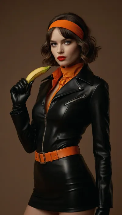 70s style, The image depicts a spy female character with a confident stance. She is dressed in a stylish, edgy outfit that includes, **Outfit**, A black leather jacket with orange accents on the collar and cuffs, paired with a matching orange pencil minidress.
- **Accessories**, She wears black gloves and thigh-high black boots, along with a belt with a metallic buckle.
- **Hair and Makeup**, Her hair is styled in a short, wavy bob with an orange headband, and she has bold makeup, including red lipstick.
- **Pose**, She is holding a banana in her right hand, suggesting a combat-ready or action-oriented character.
The overall aesthetic is sleek, modern, and action-oriented, with a strong emphasis on bold colors and a tactical appearance. 8k, <lora:add-detail-xl:1.8>, <lora:MJ52:.5>