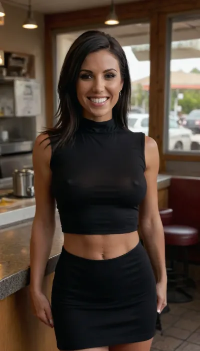 gorgeous slutty woman standing in a sunny street diner, at the counter with elbows on the counter top behind her, with an athletic build, slim waist, 36yo, very tanned woman, (tiny black round high neck tee dress), long thick windblown hair and swept bangs, black black hair, head tilted back, chin up, (muscular abs:1.2), (huge boobs:1.2), (very wide hips), hips as wide as shoulders, silver armlets on upper arm, big smile smile in expectation, ((perfect teeth)), dylan ryder, <lora:nobrav1_SDXL:.25>