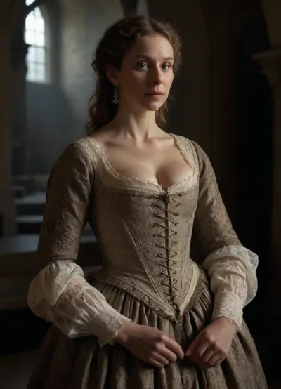 (hyperréaliste:1.6), (renaissance, Rembrandt-like atmosphere), beautiful lady 50-years old, Flemish lace garment, flange, cleavage, halberdier behind her, castle