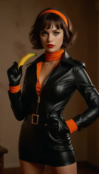 70s style, Mitzi Martin face, The image depicts a spy female character with a confident stance. She is dressed in a stylish, edgy outfit that includes, **Outfit**, A black leather jacket with orange accents on the collar and cuffs, paired with a matching orange pencil minidress.
- **Accessories**, She wears black gloves and thigh-high black boots, along with a belt with a metallic buckle.
- **Hair and Makeup**, Her hair is styled in a short, bob with an orange headband, and she has bold makeup, including red lipstick.
- **Pose**, She is holding a banana in her right hand, suggesting a combat-ready or action-oriented character.
The overall aesthetic is sleek, modern, and action-oriented, with a strong emphasis on bold colors and a tactical appearance. 8k, <lora:add-detail-xl:1.8>, <lora:MJ52:.5>