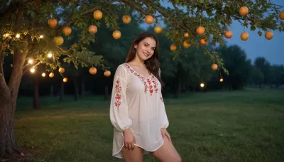 captivating young dark-brunette well-built Ukrainian girl, smiling, desirable plus-size breasts and thighs, loose-fitting embroidered extra long Ukrainian blouse covering knees on completely bare body, barefoot, warm summer rain, apricot tree with ripe fruit, night moon glow