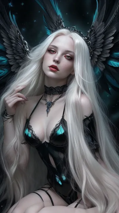 Pale-skinned woman with long white hair and crimson eyes kneels gracefully, hand resting on a human skull. She wears dark gothic lingerie with metallic chains, chokers, and ornate winged headpiece — black feathered wings spread behind her. Her pose is sensual yet melancholic, lips parted, gazing upward. Background, smoky void with faint starlight, ethereal teal glow beneath. fantasy, hyper-detailed, dramatic chiaroscuro lighting. Glossy skin, feather texture, metallic reflections, and emotional intensity
