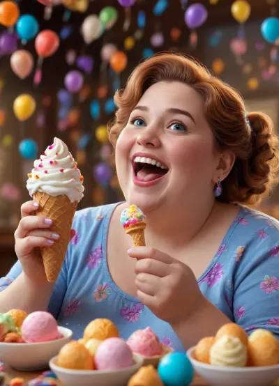 illustration, adorable, smiling, happy, mature obese woman eating ice cream, candies flying all around her, Pixar, Disney, cinema lighting, gaming, 8k, magic, love, vibrant colors
