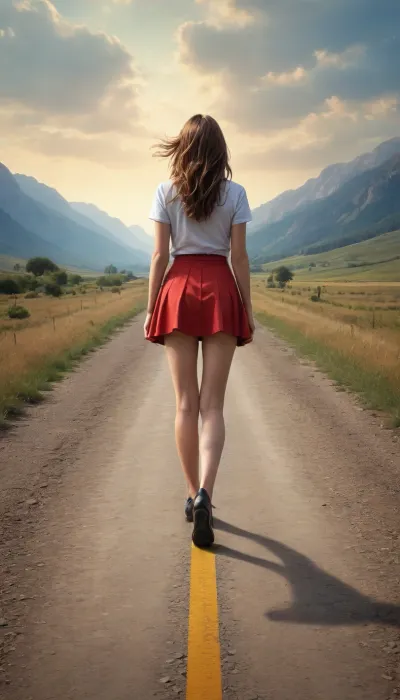 epic painting, girl in a short skirt standing at parting ways, (Y-crossing:1.3), (two parting ways:1.2), (two directions:1.4), photo from behind, taking a turn, (two forking paths), (path to left and path to right), (two paths:1.2), (decision), (deviating paths), (parting ways), (fork)